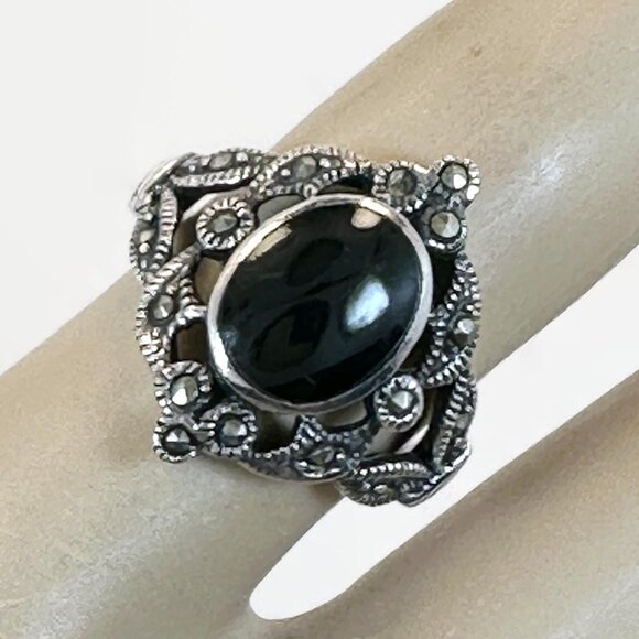 Vintage Black Onyx Ring: Sterling Silver Marcasite Art Deco Style - Picture 1 of 4
